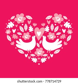 Hearts, pigeons and flowers. Greeting card. Happy Valentine's Day!