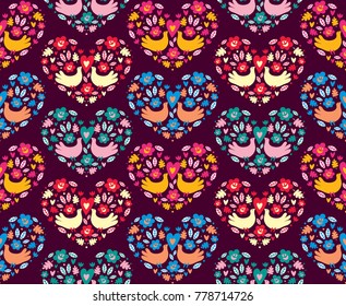 Hearts, pigeons and flowers. Seamless pattern. Happy Valentine's Day!