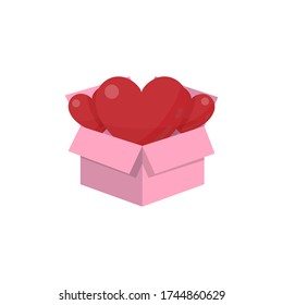 Hearts in a pink box, valentines concept, flat vector illustration isolated on white background.