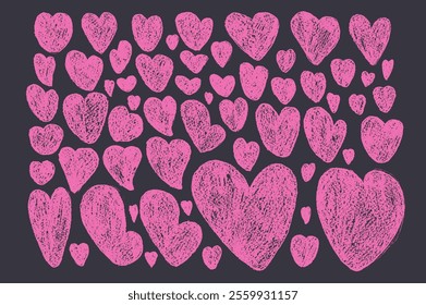 Hearts pink chalk set. Crayon romantic elements. Love signs grunge icons on blackboard. Textured vector charity or kind symbols shapes drawn by charcoal or pencil illustration on black background.