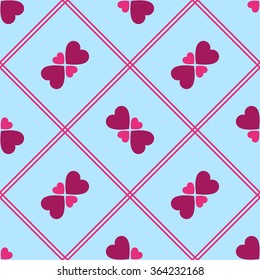 Hearts and pink lines on blue background seamless pattern