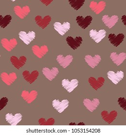 Hearts are pink and red pattern on a brown background,the effect of embroidery A gentle background. Love, mother's day, holiday, wallpaper, cover