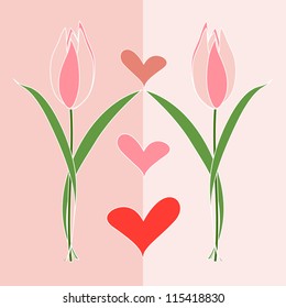 with hearts of pink tulips on a pink background
