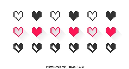 Hearts pixel icons set. Black and red pixel icons. Pixel art hearts on white background. Vector illustration
