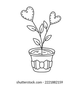 Hearts plant in ceramic pot. Hand drawn doodle illustration. Isolated vector on white.