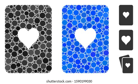 Hearts playing card composition of small circles in various sizes and color hues, based on hearts playing card icon. Vector small circles are organized into blue collage.