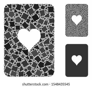 Hearts playing card mosaic of unequal parts in variable sizes and color tinges, based on hearts playing card icon. Vector tuberous dots are combined into mosaic.