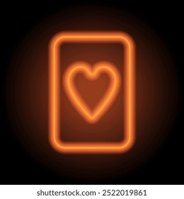 Hearts playing card simple icon vector. Flat design. Orange neon on black background.ai