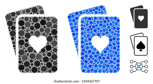 Hearts playing cards mosaic of round dots in various sizes and color tones, based on hearts playing cards icon. Vector round dots are composed into blue illustration.