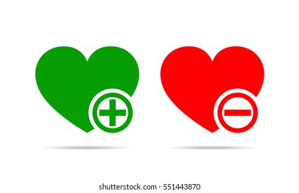 Hearts with plus and minus marks. Yes and No concept. Vector illustration. Red and green hearts with plus and minus mark on white background.