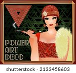 Hearts poker card with girl art deco style, vector illustration