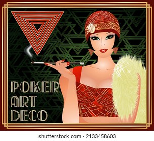 Hearts poker card with girl art deco style, vector illustration