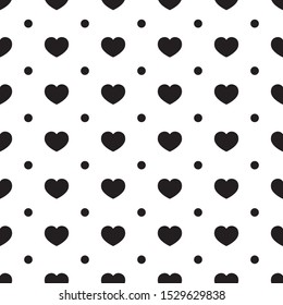 Hearts and polka dots on white isolated background. Seamless vector background with monochromatic elements. Graphic design with endless pattern. Illustration for print.