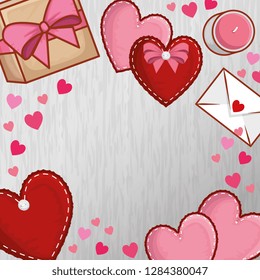 hearts with present gift and love card to valentines day