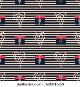 Hearts, presents, gift boxes, ribbons, bows, stripes. Abstract vector seamless pattern with stylized shapes. Valentine themed graphic illustration in lilac, pink, coral, red and navy. 