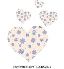 Corazones impresos. Ilustración vectorial de los corazones con patrón floral. Diseño de huellas de corazones florales. 