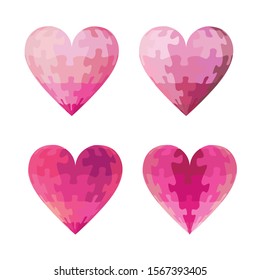 hearts from puzzles of delicate pink shades. four options. vector illustration. EPS 10.