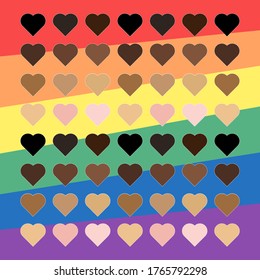 Hearts with racial color on rainbow background. Vector Illustration