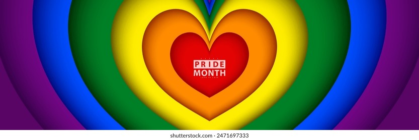 Hearts rainbow steps colors background for Pride Month. Horizontal design. Vector illustration.