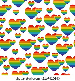 Hearts in rainbow stripes seamless pattern on white background vector illustration