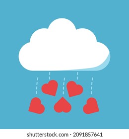 Hearts raining from cloud. Unconditional love, happiness, wellbeing, sharing, generosity and spirituality concept. Flat design. Vector illustration. EPS 8, no gradients, no transparency