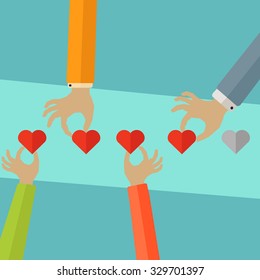 Hearts rating system with hands placing hearts vector concept