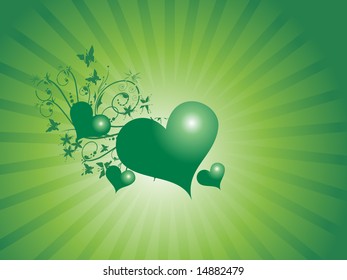 hearts with rays,floral and butterfly elements in green, wallpaper
