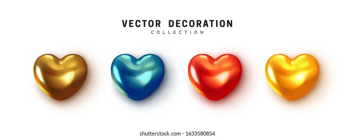 Hearts realistic decoration 3d object. Set of Romantic Symbol of Love Heart isolated. Vector illustration