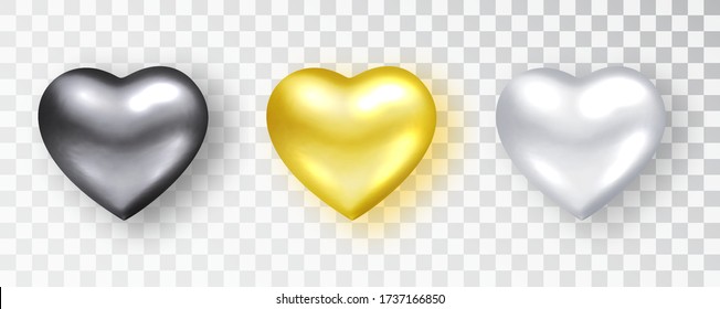Hearts realistic set. Black, gold, white hearts Isolated. Symbol love heart shape isolated. Vector object for Valentine s Day design, mockup. Vector realistic object Illustration.