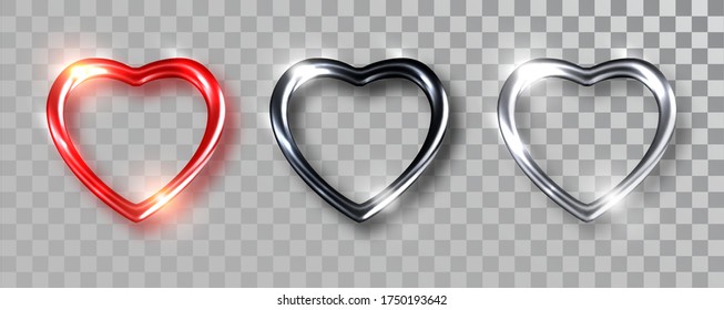 Corazones realistas. Negro, rojo, corazones plateados Aislados. Símbolo forma de corazón de amor aislado. Objeto vectorial para el diseño de San Valentín, burla. Objeto vectorial realista Ilustración