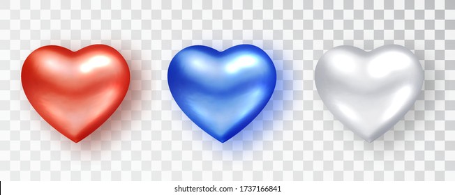 Hearts realistic set. Red, white, blue Hearts Isolated. Symbol love heart shape isolated. Vector object for Valentine s Day design, mockup. Vector realistic object Illustration 10 EPS