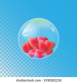 Hearts in Realistic soap bubbles with rainbow reflection on a transparent background.