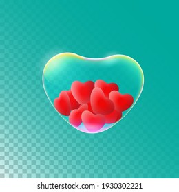 Hearts in Realistic soap bubbles with rainbow reflection on a transparent background.