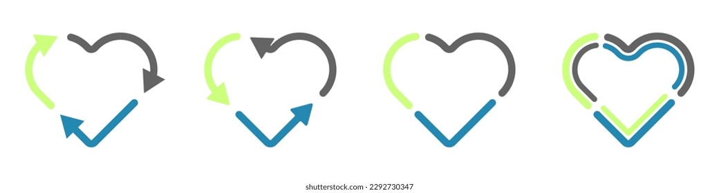 Hearts recycling vector set. Hearts and arrows infographic vector. Heart cycle vector. Three arrows and heart vector. Set of ringed hearts.