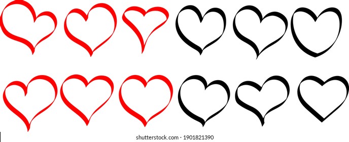 Hearts red and black - set of doodle drawings for icons. Templates for web design, simple vector for Valentine's Day holiday card.
