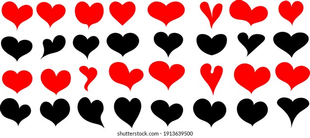 Hearts red and black - set of doodle drawings for icons. Templates for web design, simple vector for Valentine's Day holiday card.