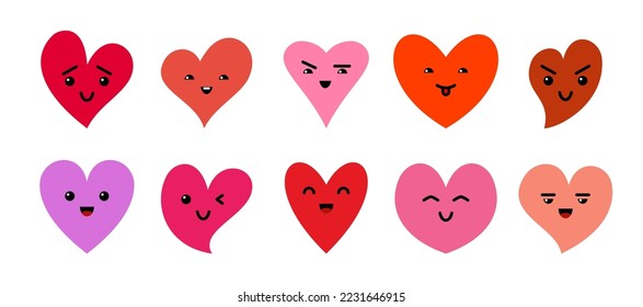 Hearts red cartoon characters set. Valentines day emoji faces. Cute romantic joyful happy smile cheerful emoticons. Flat heart shape avatar icons with different funny emotional face expressions