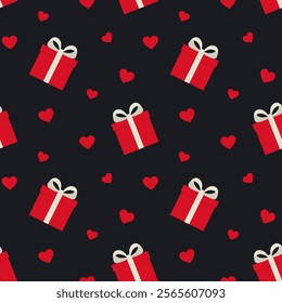 Hearts and red gift box with white bow on the dark background seamless pattern. Vector love symbols background for Mothers Day or Valentines Day greeting card design.