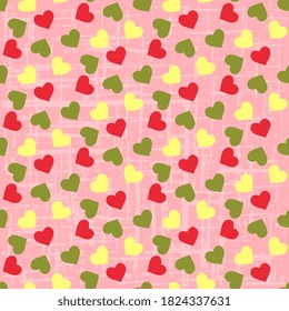 Hearts red, green, yellow are scattered on a pink background, beautiful, textured. Vector illustration for hoop, surface, packaging, postcards.