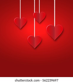 Hearts of red paper hanging on strings on red background. Valentine s Day card - vector