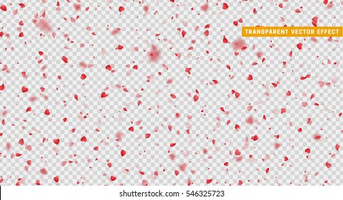 Hearts red petals falling.  Valentine Day background. Symbol of love for the label gift packages. Flower petal in shape of heart confetti. Decor element for greeting cards. 