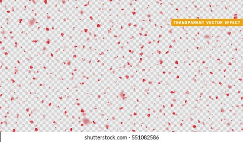 Hearts red petals falling. Valentines Day background. Symbol of love for the label gift packages. Flower petal in shape of heart confetti. Decor element for greeting cards.