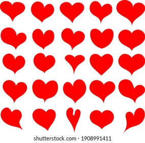 Hearts red - set of doodle drawings for icons. Templates for web design, simple vector for Valentine's Day holiday card.
