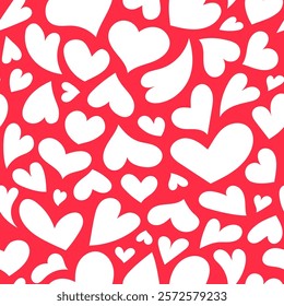 Hearts red and white pattern. Cute vector seamless background. Illustrated heart shapes symbol of love and Valentines Day February 14 celebration. Romantic pattern design.