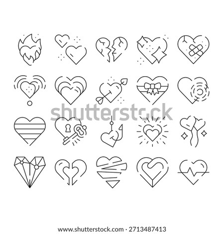 Hearts representing various emotions and states including passion, broken love, healing, romance, connection, friendship, and desire, forming a collection of essential symbols