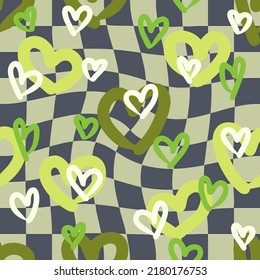 Patrón retro sin fisuras en el fondo de la rejilla trippy. Impresión geométrica para camisetas, papel, tela y papel. Ilustración vectorial dibujada a mano para la decoración y el diseño.

