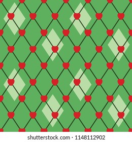 Hearts and rhomboids seamless vector pattern in Christmas colors