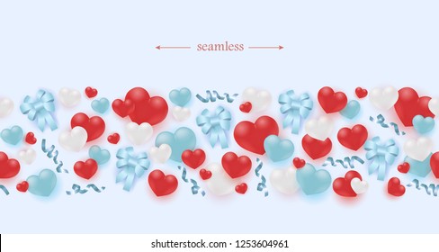 Hearts and ribbon bows seamless border pattern isolated on pastel blue background - horizontal ornaments with romantic love and friendship elements for holiday design in realistic vector illustration.