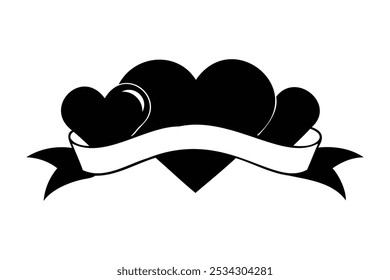 Hearts Ribbon vector silhouette illustration on white background 