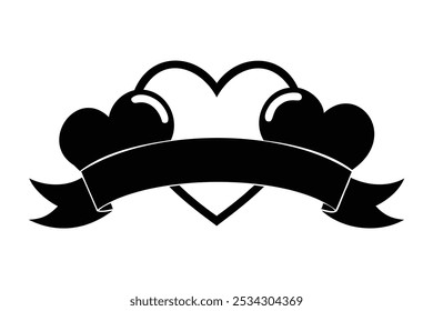 Hearts Ribbon vector silhouette illustration on white background 